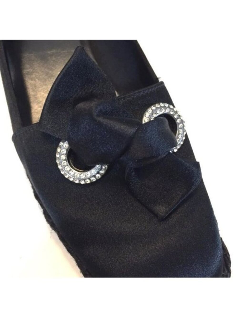 Stuart Weitzman Womens Wedge Espadrille Loafers Black Satin Bow Jewels size 5.5 - Picture 8 of 11